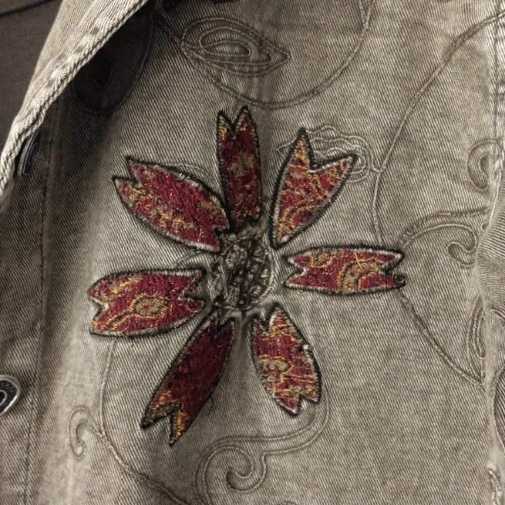 Chico's Brown Embroidered Jean Jacket - Picture 2 of 11